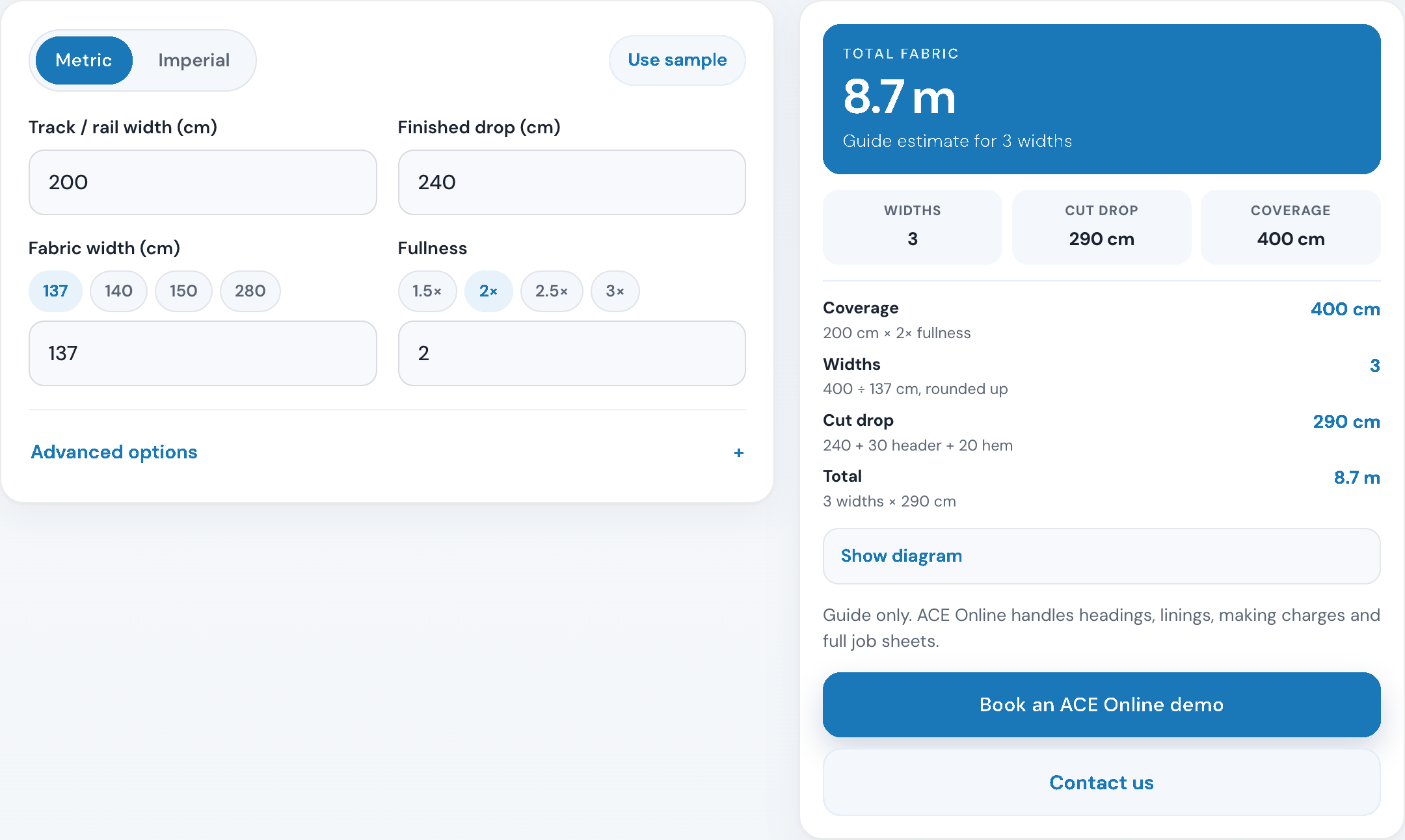 Example of the free fabric calculator showing inputs and a total fabric estimate
